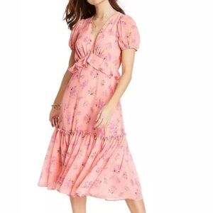NWOT LoveShackFancy Pink Floral Midi Dress with Puff Sleeves